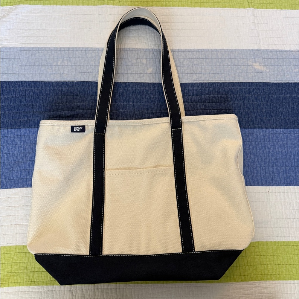 Lands' End Zip Top Long Handle Canvas Tote Bag - Navy